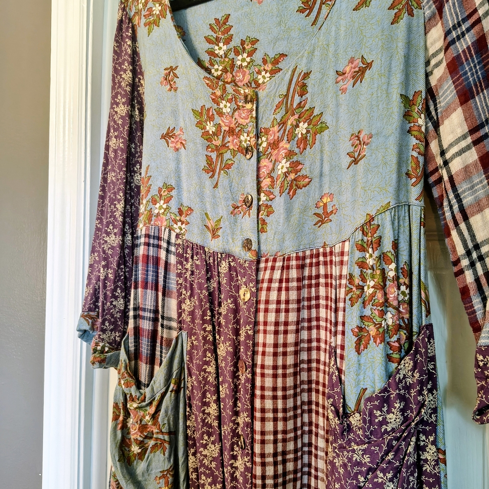 Boho Patchwork Floral Midi Dress - Blue, Purple, Red
